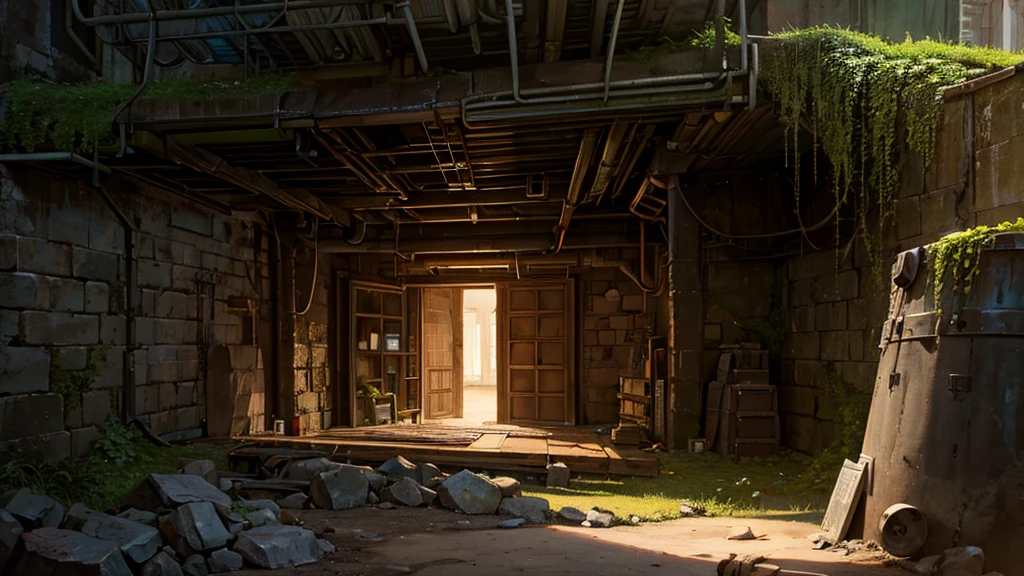 large rusty steel door in cave, fallout shelter style, cave with vegetation, large square-shaped door, bunker entrance, reinforced steel, rusted metal, cave entrance, rocky surroundings, early sci-fi, post-apocalyptic style, industrial rivets, bulkhead door, dim lighting, stone walls, moss-covered rocks, futuristic bunker, solid metal construction, studio lighting, Rembrandt Lighting, rule of thirds composition, detailed objects, cinematic lightning, studio light, sharp focus, logical hands, digital masterpiece, shocking atmosphere, high quality, ultra details