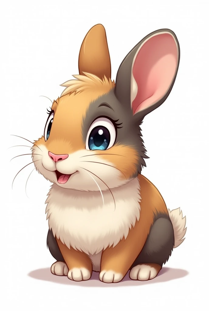 Illustration 2D sur fond blanc. Lapin nain tricolore écaille de tortue, poils de la tête plus longs, très petites oreilles, yeux vairon