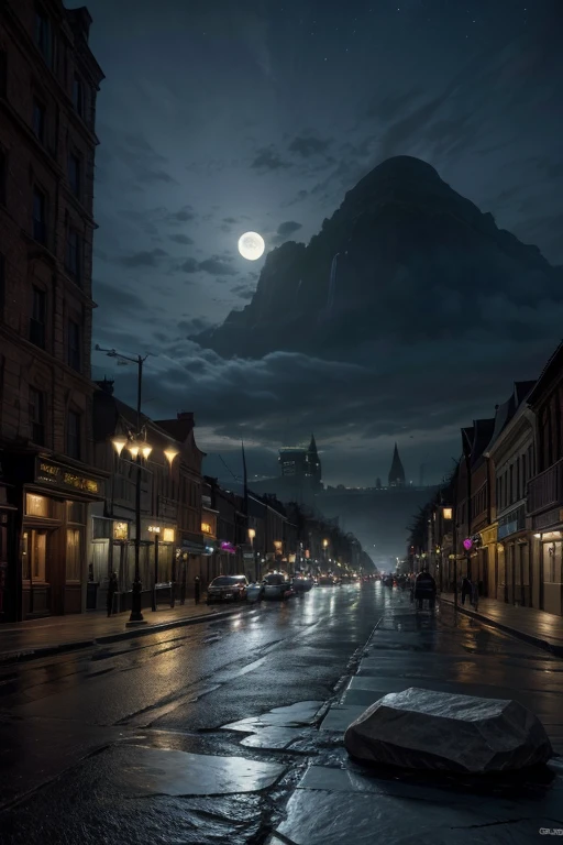The Moonlight Greatsword from eldenring in a stone, like the sword in the stone, the setting will be a magical version of Nashvilles, Broadway street at night. Some of the buildings are destroyed after a Call of Duty like battle