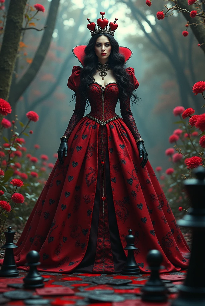 The Queen of hearts from Alice in Wonderland fused with the Red Queen from Chess games.