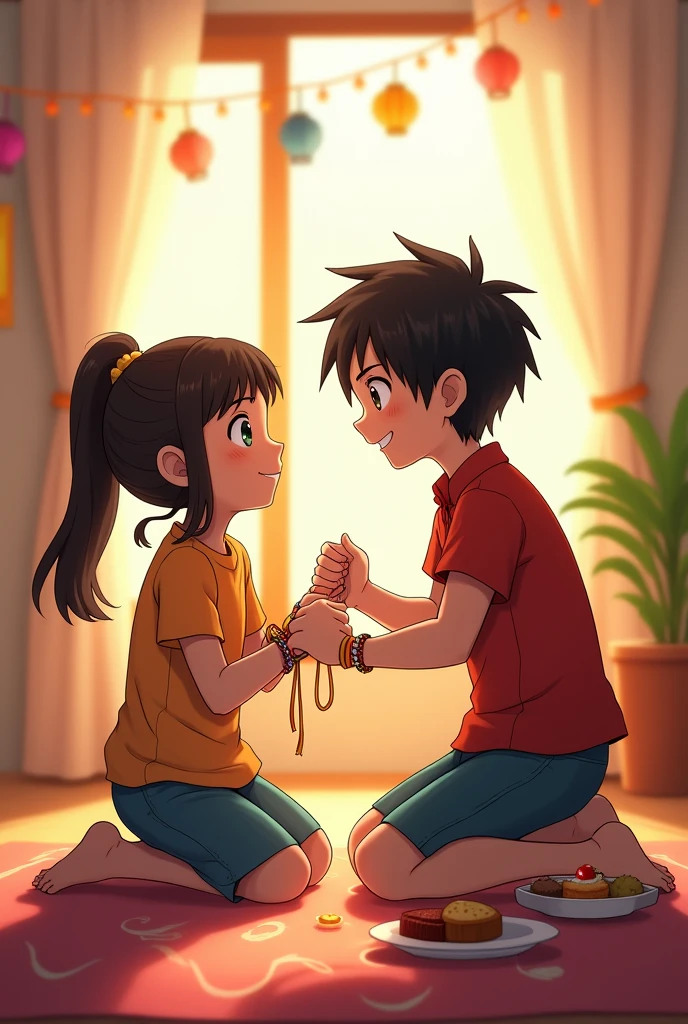 Himawari tying a rakhi on Boruto's wrist