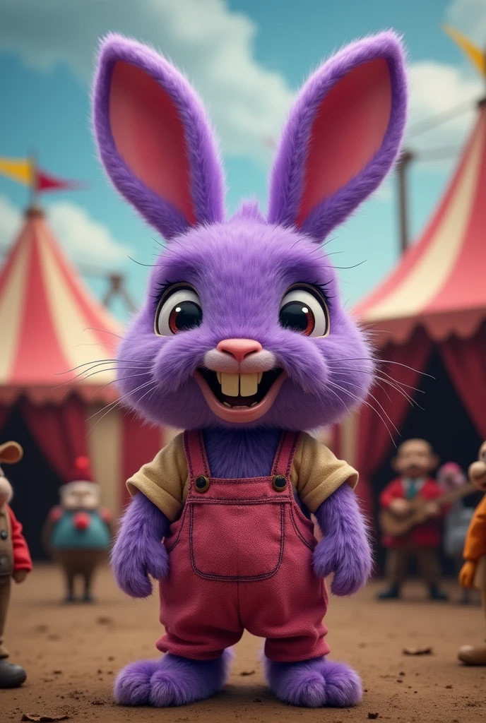 a purple rabbit with no nose, yellowed teeth and pink farm clothes in a circus