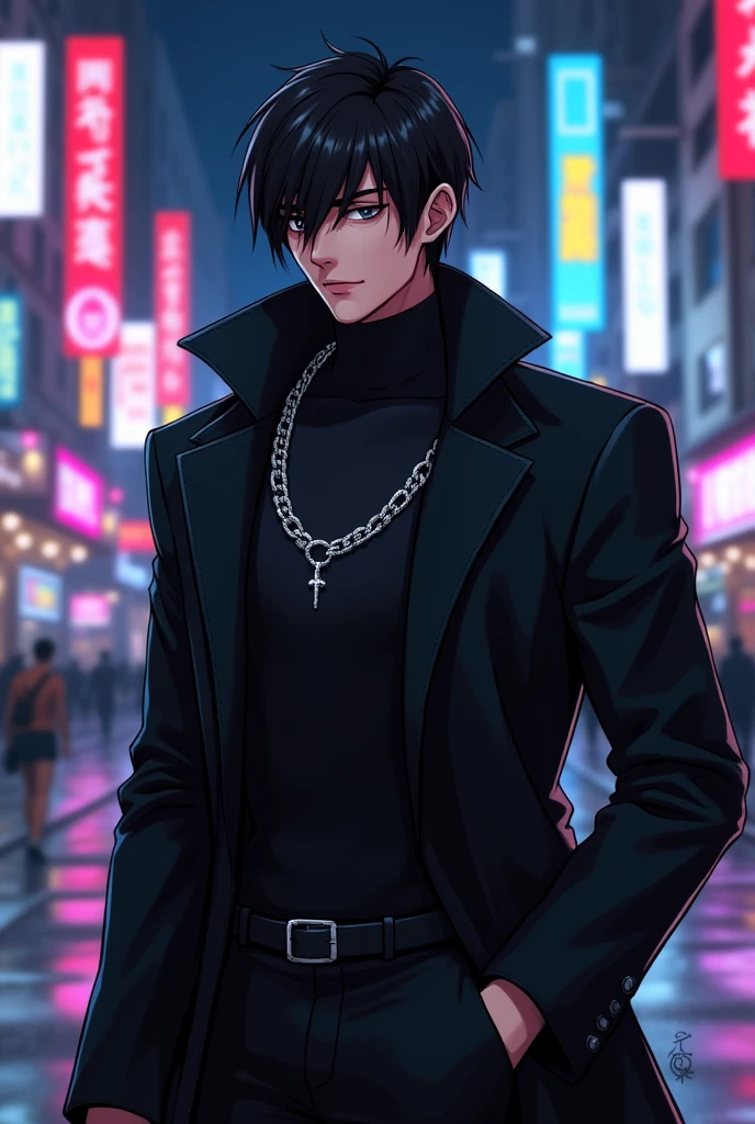male cartoon character with straight black hair wearing a black overcoat and a silver chain 