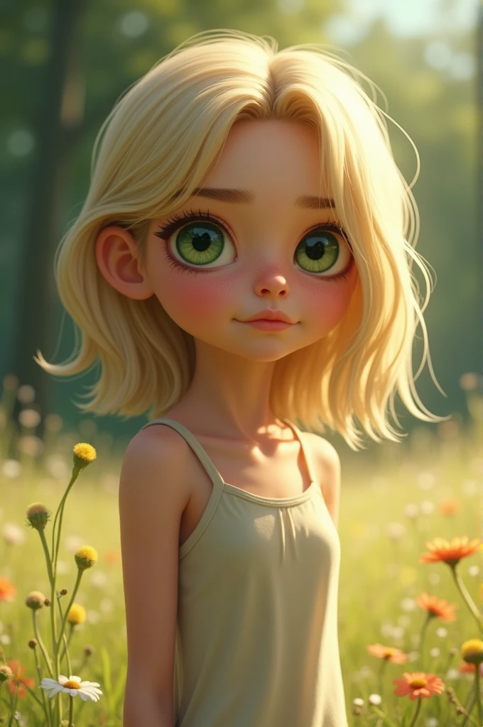 teen, droopy green eyes, arched eyebrows, straight medium blonde hair, pale, skinny, outdoors realistic