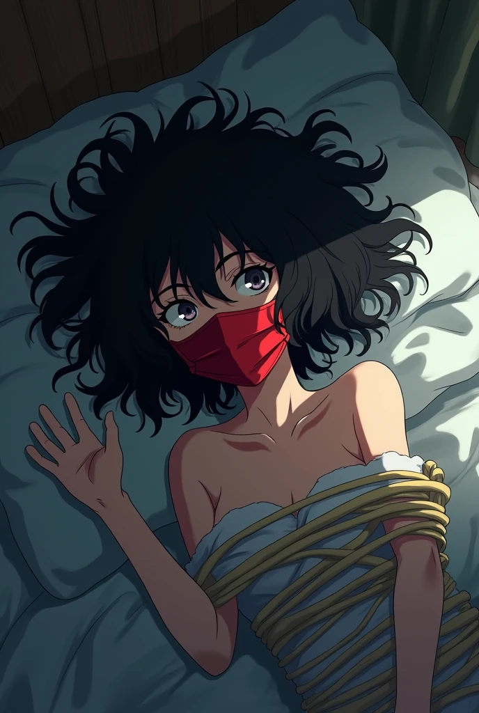 slim 18 year old anime girl, with curly black hair, in black thong and tied with rope, lying in bed, wearing a red surgical mask and angry
