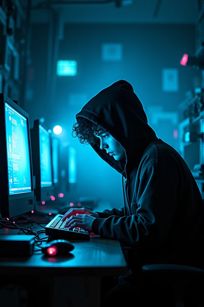 A mysterious and anonymous hacker known as Nimona, sitting in a dark, tech-filled room. The room is illuminated by the glow of multiple computer screens displaying complex codes, world maps, and encrypted messages. Nimona wears a hooded jacket that partially obscures their face, giving them an enigmatic and secretive appearance. The hacker has a medium skin tone, not very dark or very light, with short curly hair peeking out from under the hood. Around them are various high-tech gadgets, wires, and a chaotic setup of keyboards and monitors. The atmosphere is tense, as Nimona works with intense focus, embodying the essence of a cyber mastermind ready to disrupt the digital world.