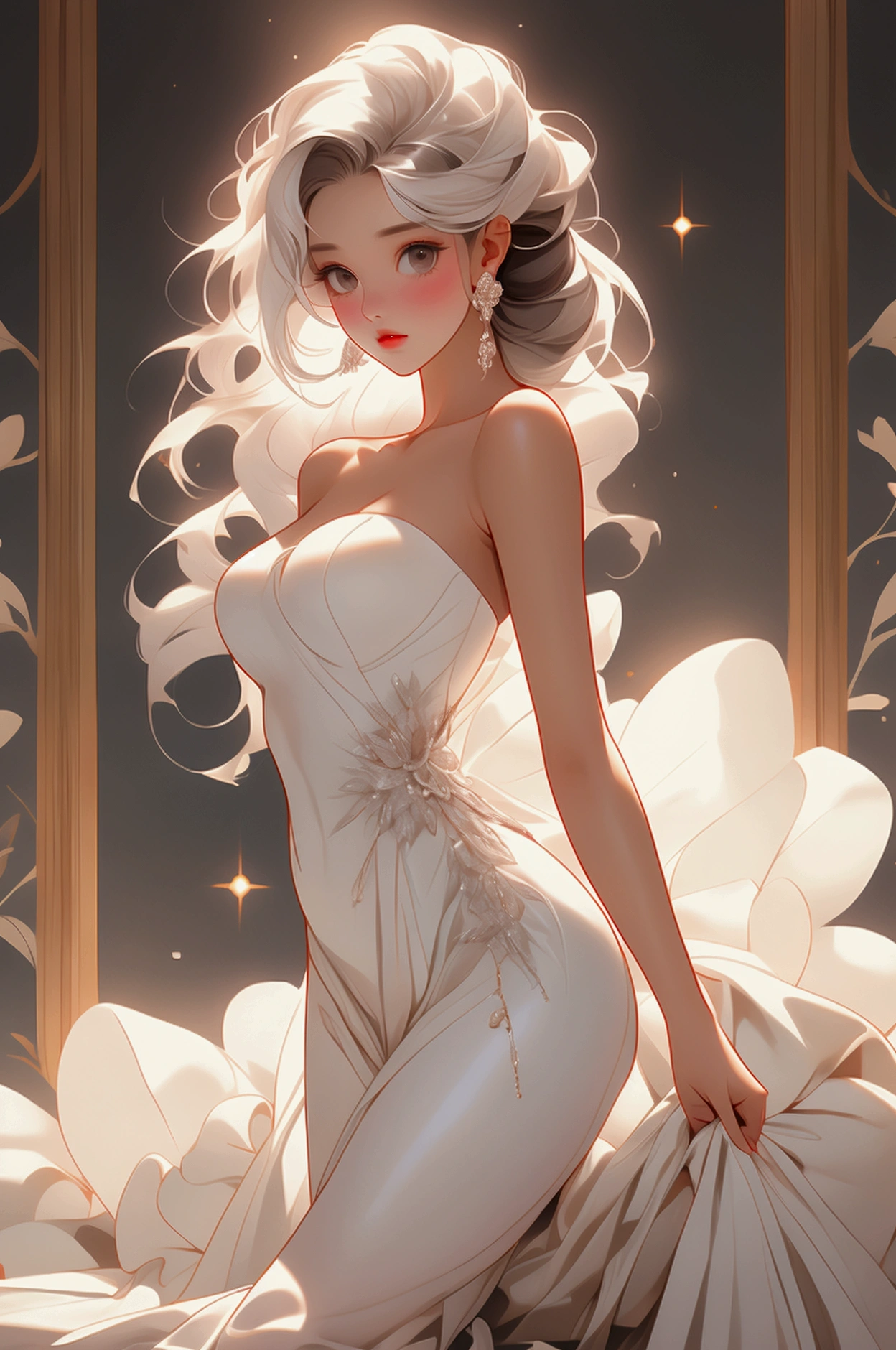 A beautiful lady, with a long white strapless dress that covered her beautiful and mature body to the floor but only on one side leaving the other free to the eyes, her skin was a creamy chocolate tone that made a beautiful contrast with the white dress and her full figure whether hips or busts they were juicy to the eyes, a delicate face, thin lips and thin nose, her eyelashes were white that matched her gray eyes and long white hair that ended near her heels.