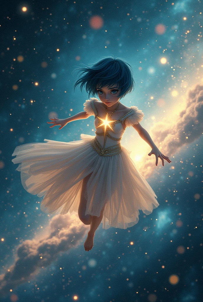 A young alien woman with short bluish-black hair flying on a star in space fleeing her planet in despair, her clothing has a star in the middle. 