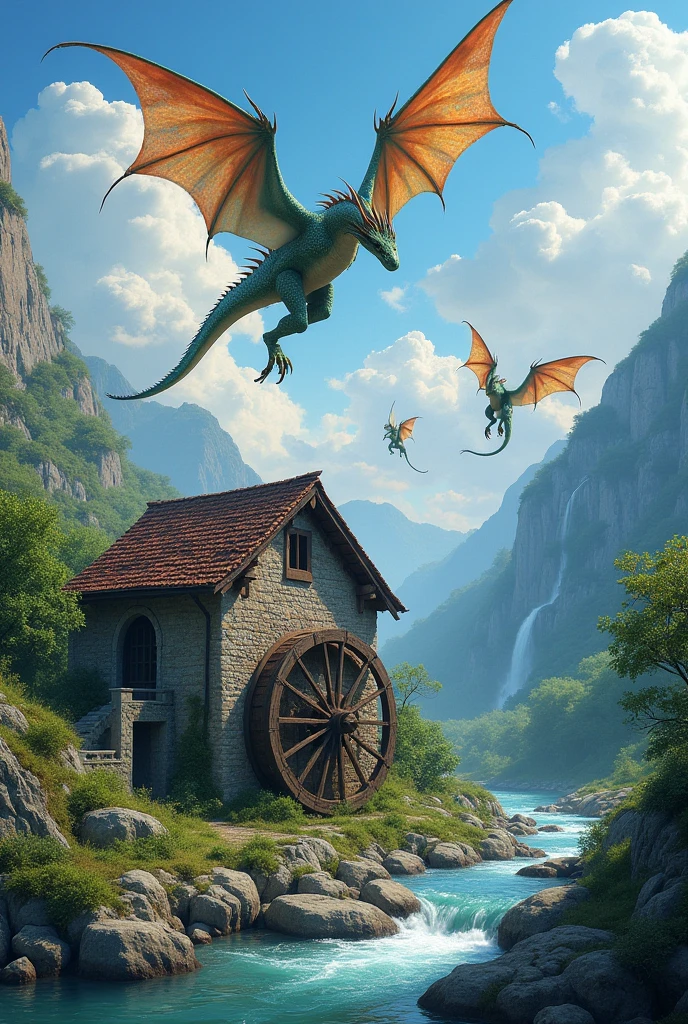 Old mill with ultra realistic 3d dragons flying around