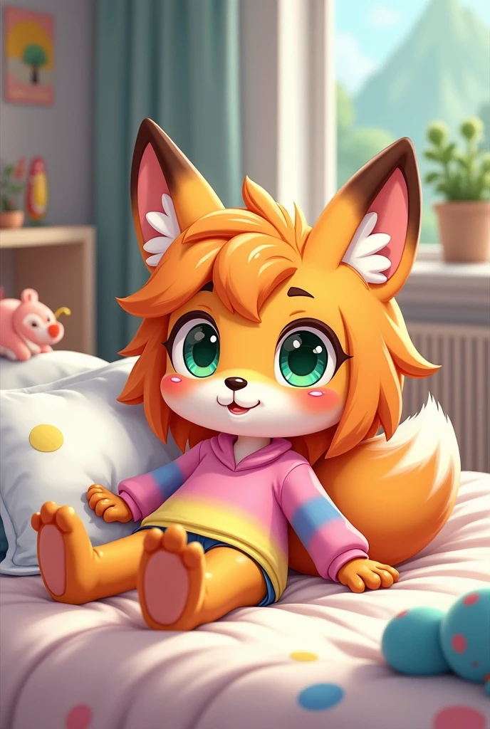 a cartoon 2d anthropomorphic fox girl ??? wearing a pink, yellow, and blue gradient shirt laying on her back on top of a bed. She’s bottomless.