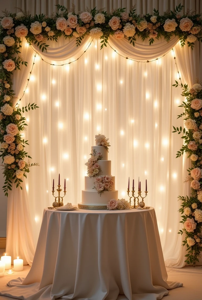 Create a unique wedding decoration with a backdrop and a cake table.