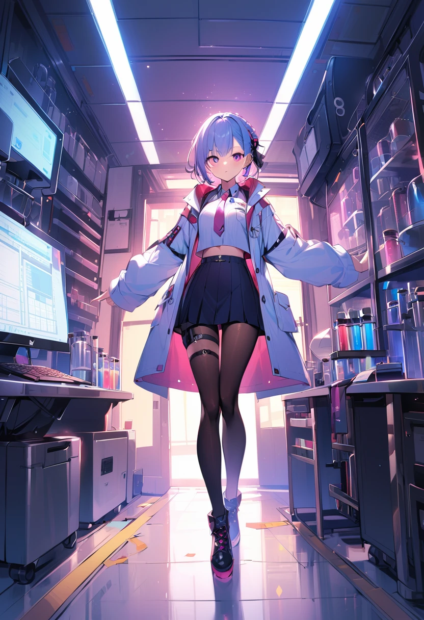 koyo_lab, 1girl, solo, pantyhose, skirt, necktie, test tube, crown braid, full body, pink necktie, white shirt, shirt, looking at viewer, hair ornament, labcoat, crop top, thigh strap, standing,laboratory