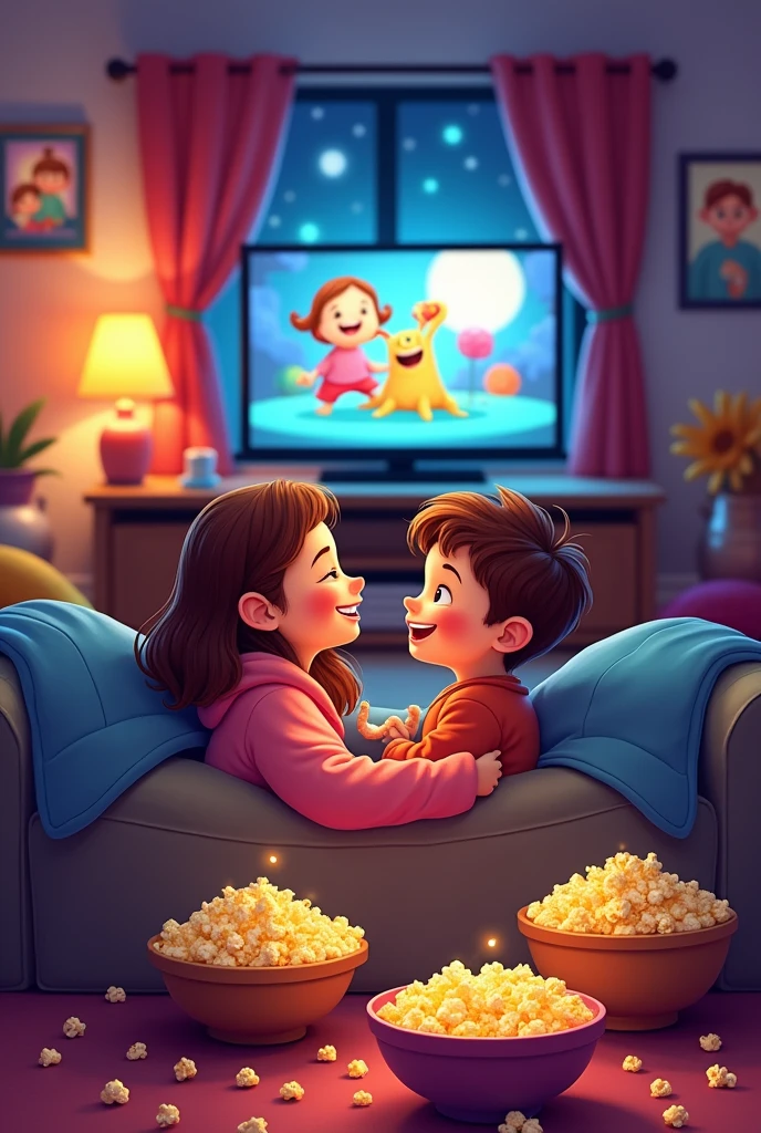 I want a cartoon drawing to color that represents a movie night at home where parents and children watch children's movies at home eating popcorn and hugging