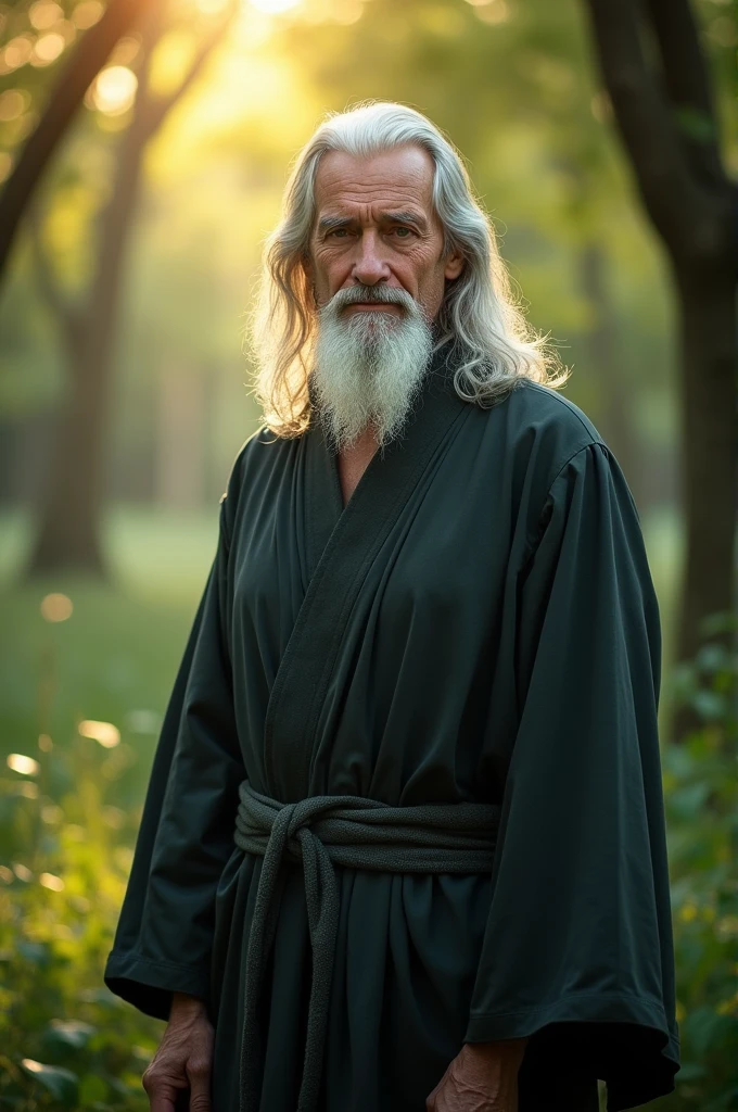 A white-haired man, 1,80 years old, tall and thin with green eyes