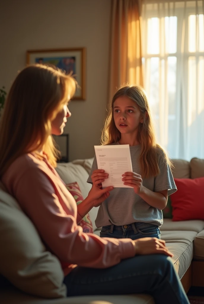 A  hands her report card to her mom
 reluctantly sad
 