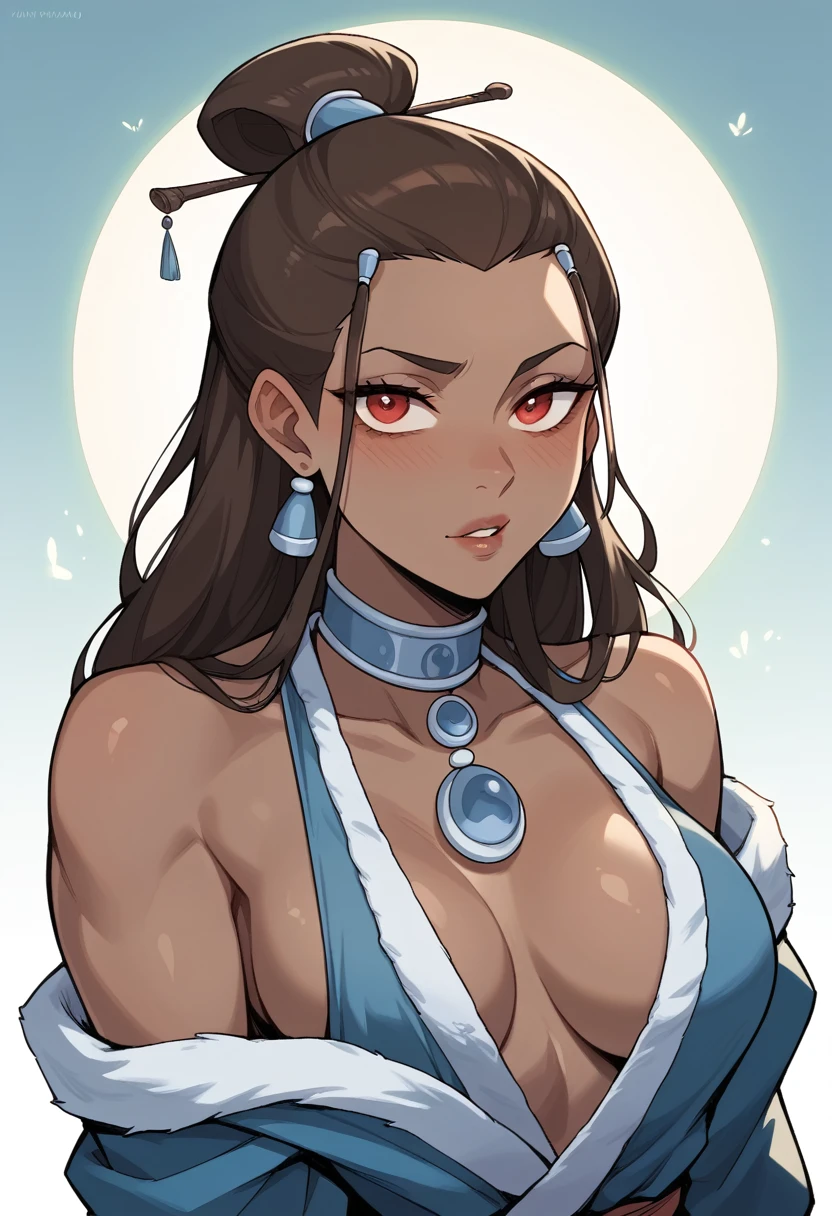 3062197697 Kanae Hyiori, a beautiful Water Tribe woman, has red eyes, long brown hair, and dark skin. She has a toned and strong body. In front of a luxurious igloo, she is wearing a standard Water Tribe coat, with a close-up capturing the harmonious beauty between her natural breasts, showcasing her natural charm and outgoing personality, nsfw.