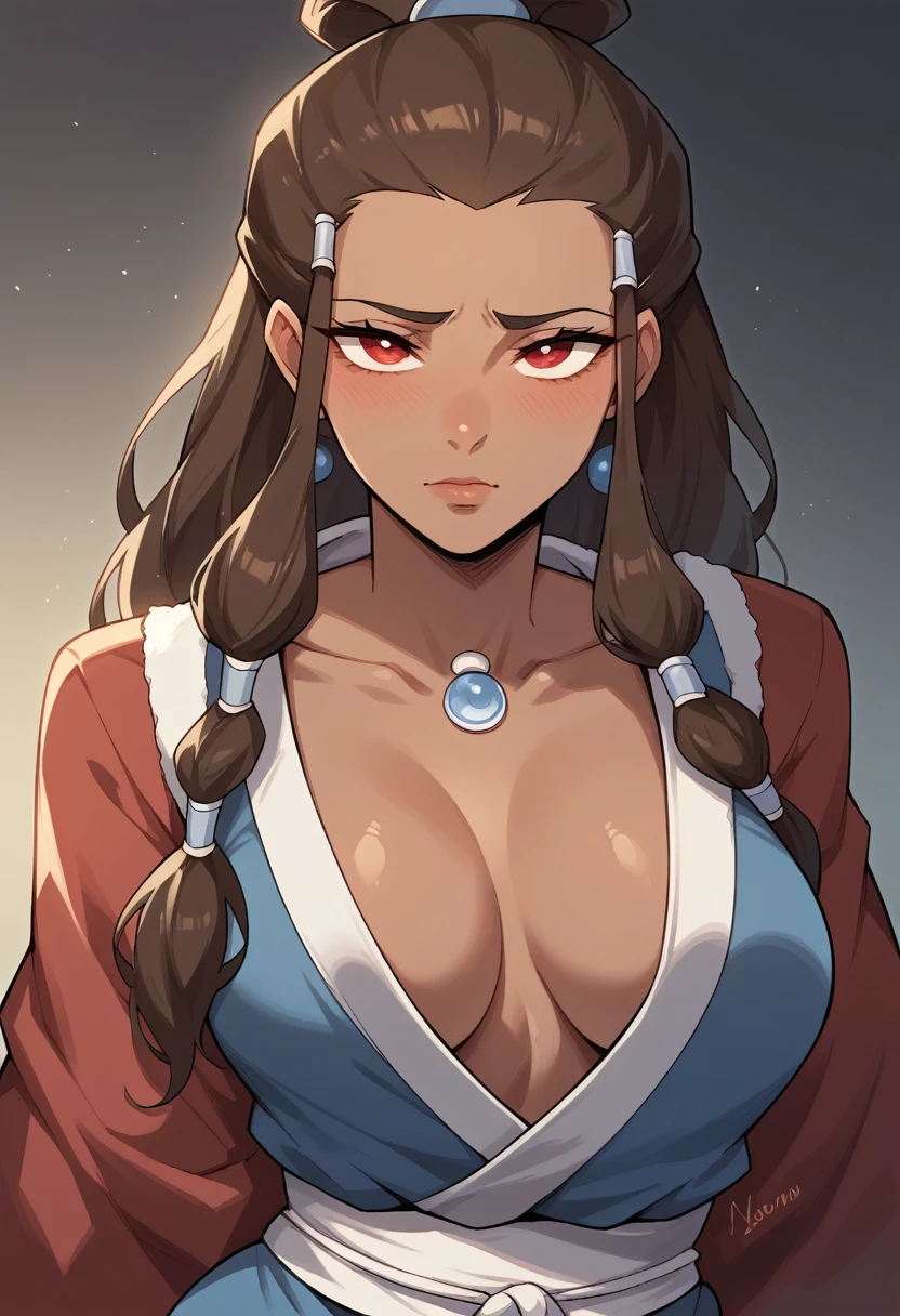 3062197697 Kanae Hyiori, a beautiful Water Tribe woman, has red eyes, long brown hair, and dark skin. She has a toned and strong body. In front of a luxurious igloo, she is wearing a standard Water Tribe coat, with a close-up capturing the harmonious beauty between her natural breasts, showcasing her natural charm and outgoing personality, nsfw.
