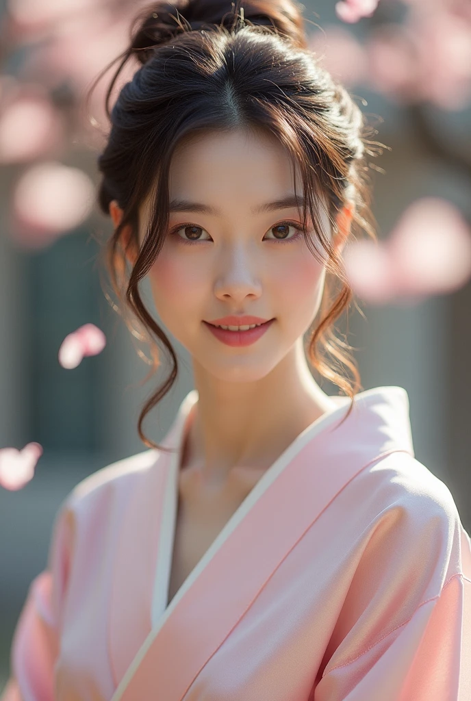 An elegantly dressed Japanese woman in natural light、A close-up of her chest and calm expression.、It shows her inner peace and outer charm.。