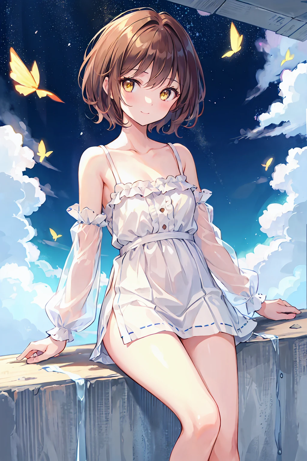 (masterpiece), (Highest quality), (Very detailed), (Beautiful illustrations), (pretty girl), 1 person, smile, Upper Body, front, close, In close range, short hair, bangs, Hair between the eyes, Beautiful Hair, かき上げたbangs, Yellow Eyes, Shining Eyes, , camisole,，Small breasts，Flat chest，Brown Hair，Messy Hair，Slender beauty，Beautiful feet