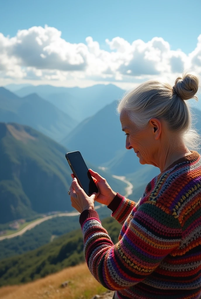 An old woman pressing an iphone, untop of mountain