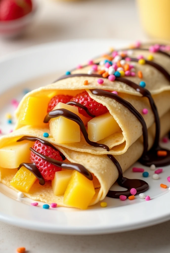 Crepes served with pineapple, mango pieces, chocolate sauce and colorful sprinkles.