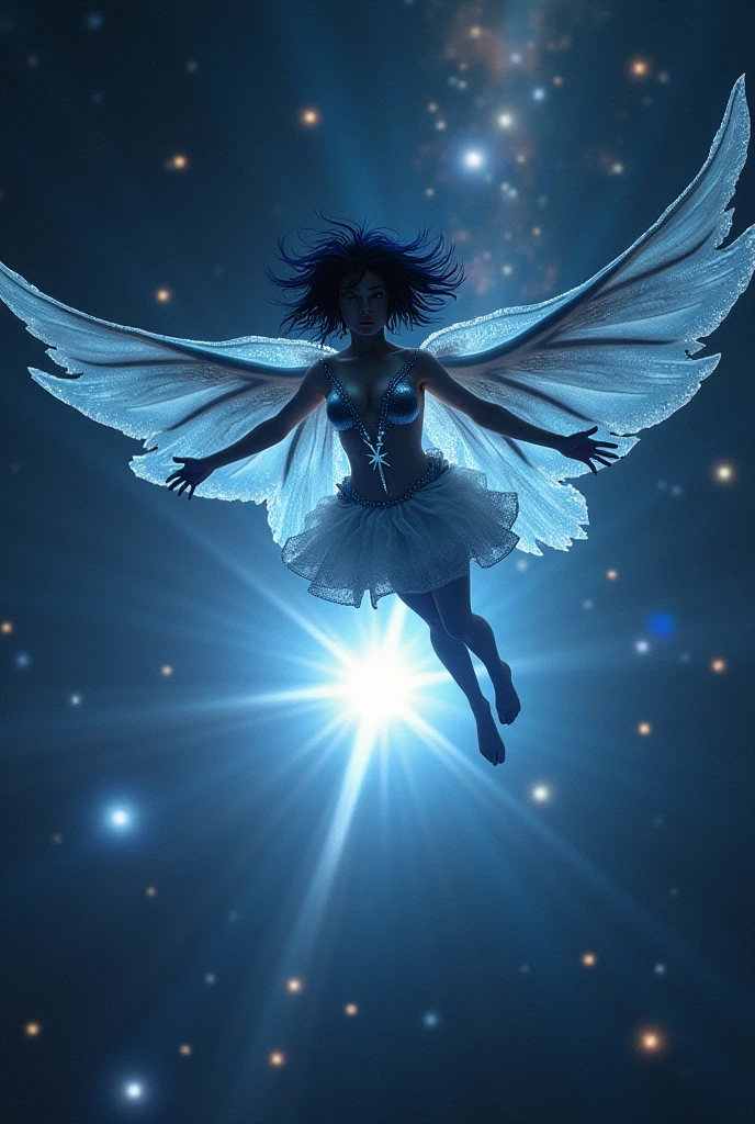 An alien princess woman with short blue-black hair flying above a star in space fleeing her planet in despair her outfit has a star in the middle