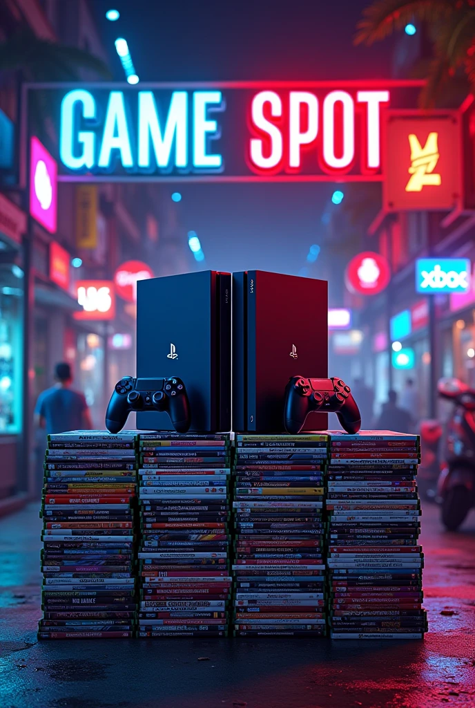 Je voudrais vendre des jeux ps4 , ps5 et Xbox . Le nom de ma boutique sera "GAME SPOT" et le numéro de téléphone whatsapp à contacter pour acheter des jeux sera "656 97 43 63". A partir de ces informations , je voudrais que tu me generes une affiche attrayante de vente de jeux vidéos , l'image doit bien refleter des étuis de jeux ps4 et xbox aussi ajoute aussi des consoles ps4 et xbox et ps4 , ajoutes des piles de jeux videos ps4 et xbox a limage ,inclues aussi une identification visuelle de la marque Ps4 , et Xbox aussi , en incluant sur limage le nom de ma boutique et aussi le numero de telephone whatsapp a contacter (656 97 43 63 )