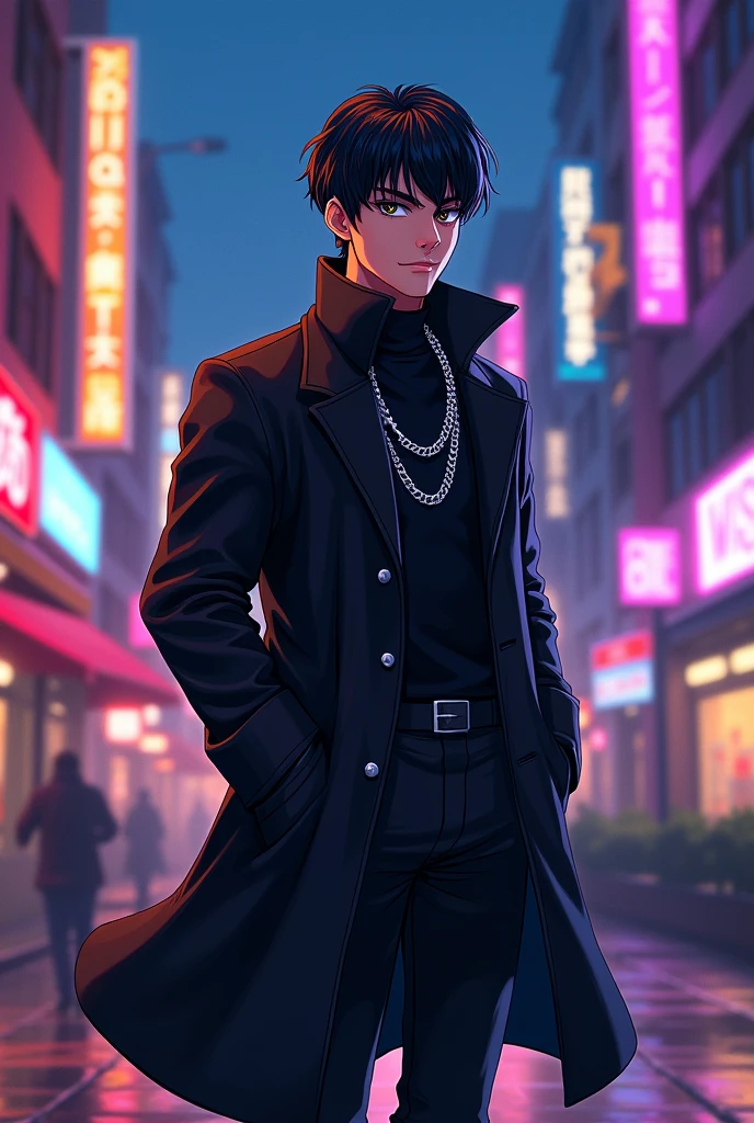 male cartoon character with short straight black hair, wearing a black overcoat and a silver chain