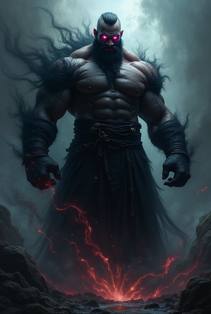 A man is surrounded by a pulsating, turbulent black aura. The aura has an ethereal appearance and wavers around the character as if made of liquid shadows.. The warrior's body is visibly strengthened and enlarged, with prominent muscles and skin that seems to emit a dark glow. Your eyes shine with an intense color, like red or purple, highlighting his ability to see in the dark. The surrounding environment seems distorted by dark energy, giving a sense of uncontrollable power and imminent threat.