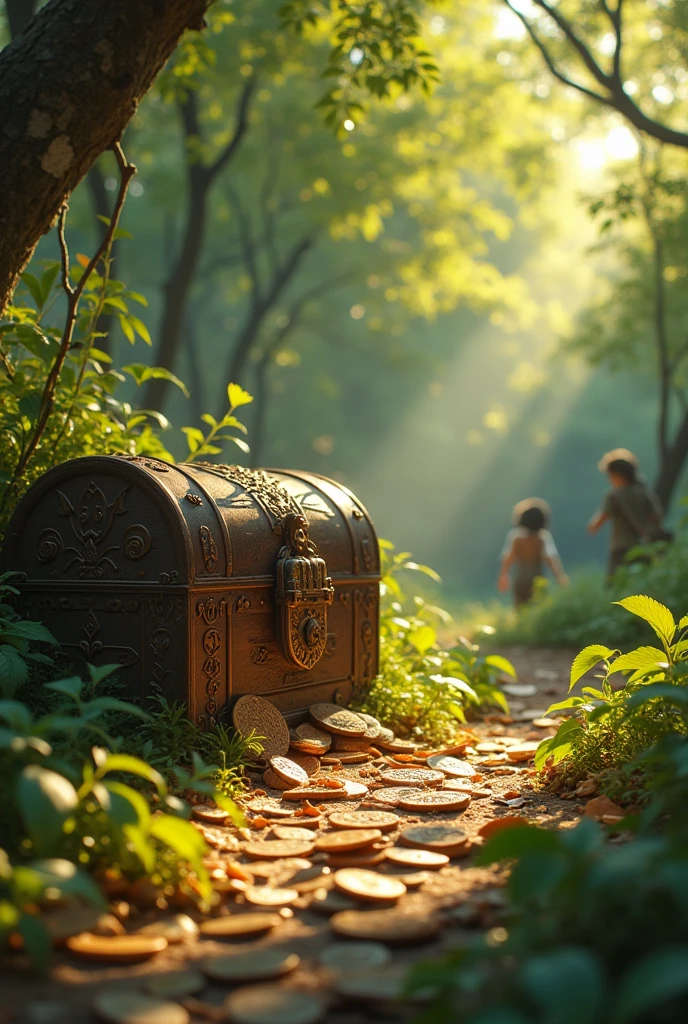 As they searched the park, they came across an old, forgotten chest hidden behind some bushes. Motlu’s eyes lit up, and they quickly used the key to unlock it. Inside, they found a pile of dusty, ancient coins.