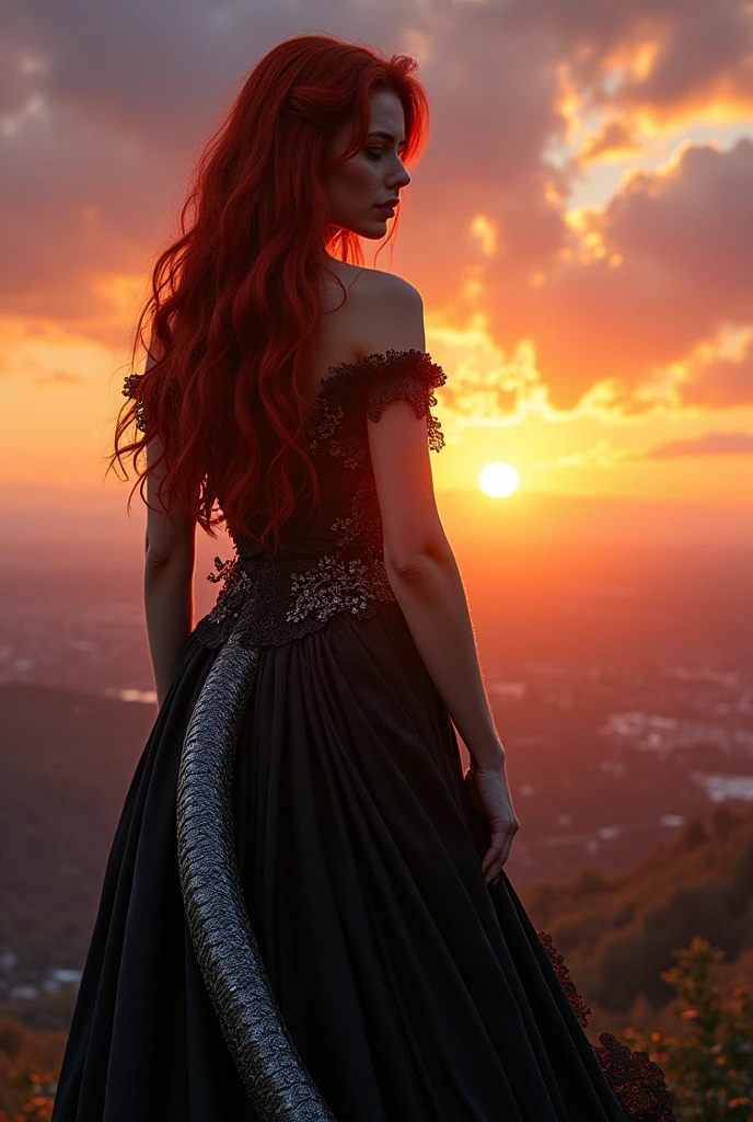 Red-haired snake woman,in a black Victorian dress with silver,sunset background with sun rays
