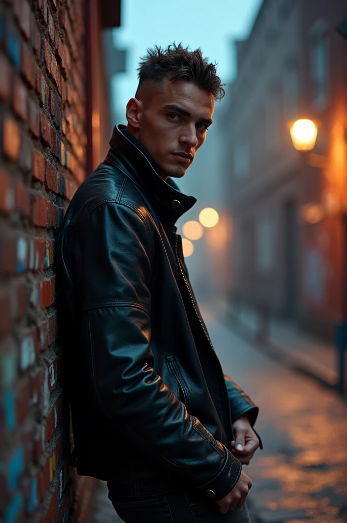 in leather jacket