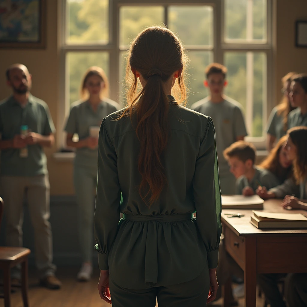 The teacher, in real life, with a beautiful figure, stands with her back to us.