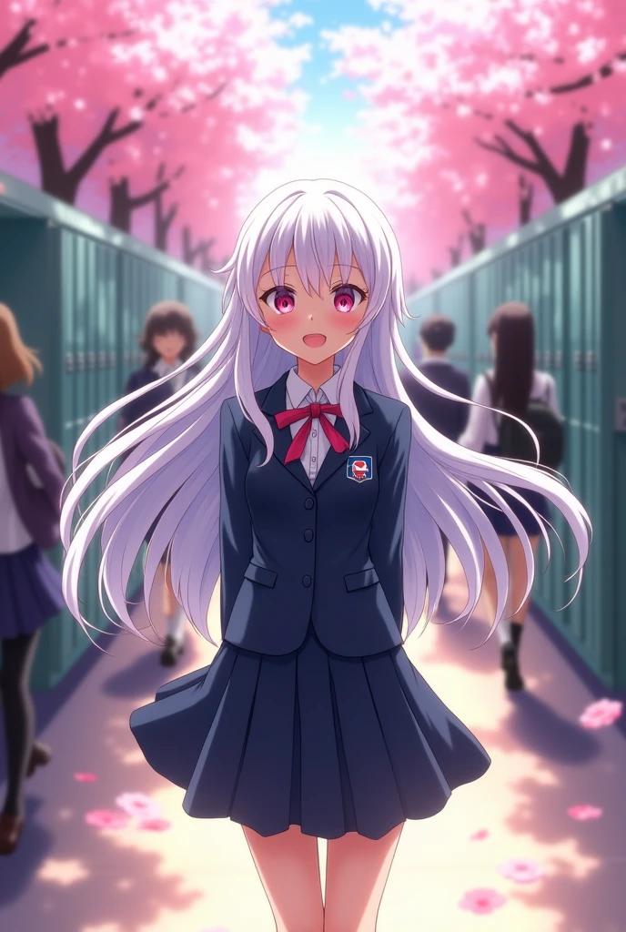 Make a white-haired, pink-eyed teenage girl at school.
anime styling.