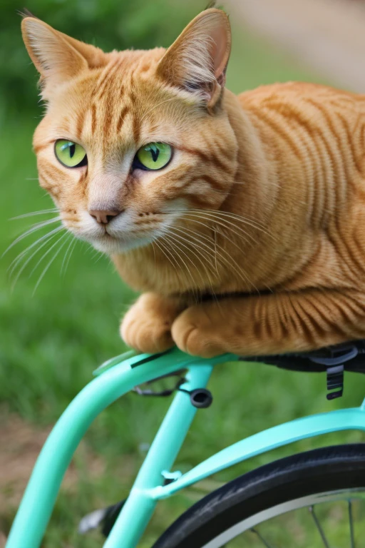 a yellow cat with green eyes riding a bicycle