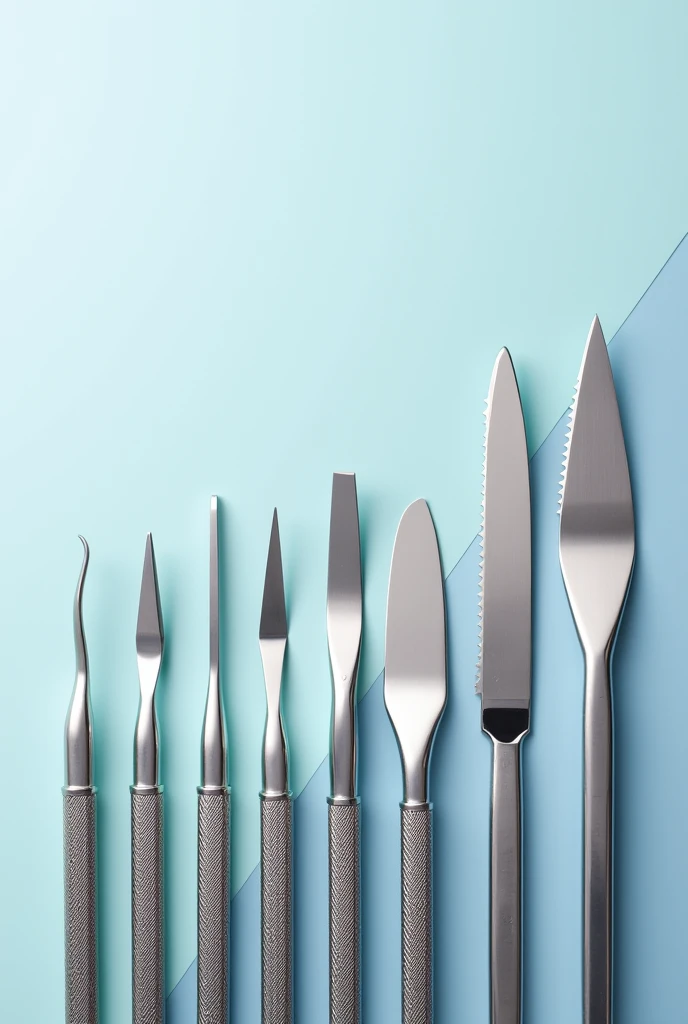 Various cutting tools such as cuticle nippers, treasures, Spatulas, knives, scalpel etc. Clean image background with light colors but not too bright, preferably blue and gray. Chromed and clean tools showing that a SHARPENING service was done on them. Top-down slightly diagonal view 