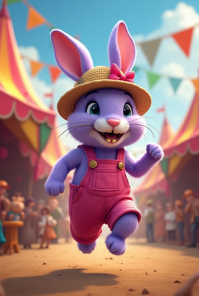 a purple nose-less rabbit with yellowed teeth wearing pink humanoid farmer clothes in a circus