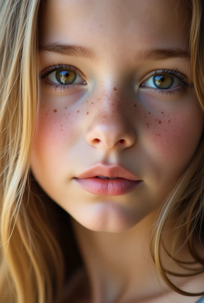 Blonde girl with brown eyes, european Type, faces details, close up face, pretty, pretty skin