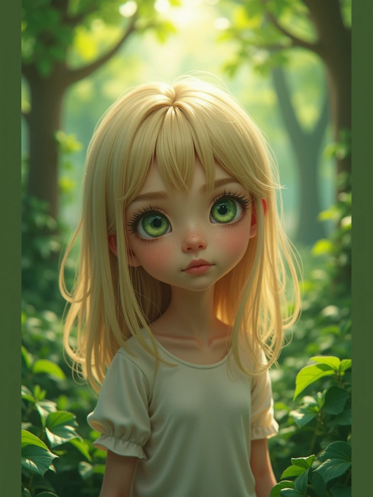 , droopy green eyes, arched eyebrows, straight medium blonde hair, pale, skinny, outdoors realistic