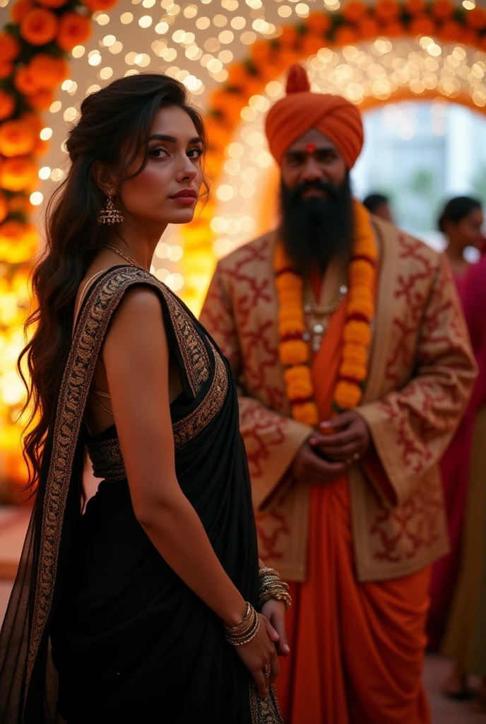 Russian,hot model, wearing black saree,in the wedding, muscular Hindu pandit