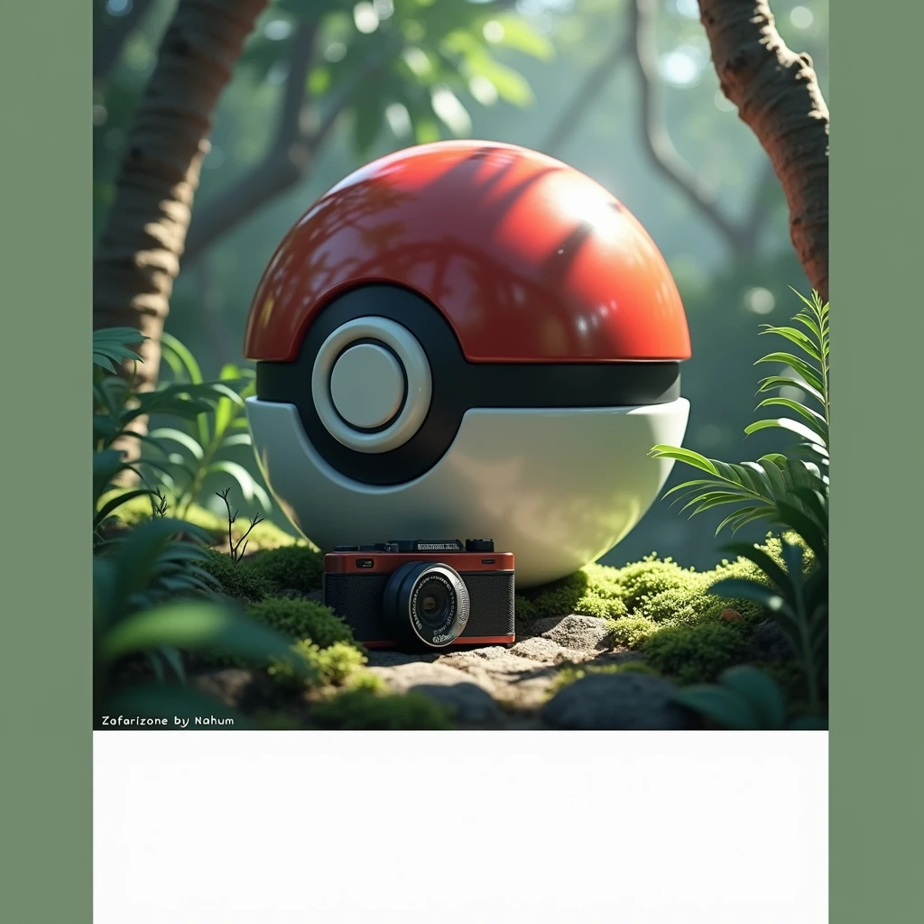 Create a pokeball and camera photography, the background should be a jungle and it should be high resolution, include the letters “zafarizone by NahUM” dynamically, logo.