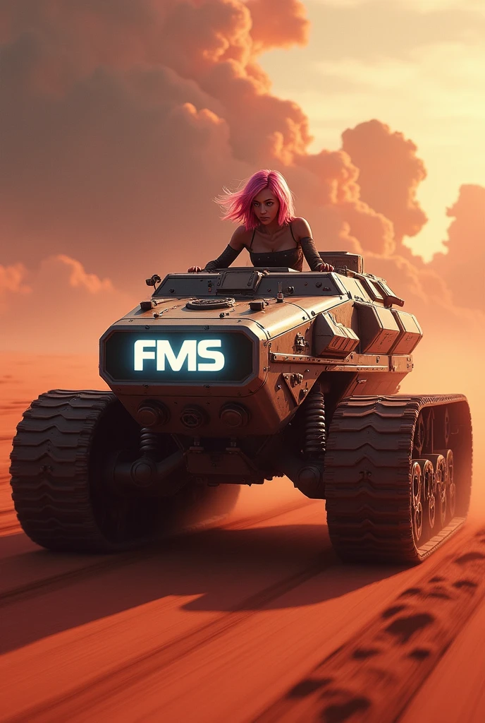 Woman with medium length pink hair, driving a futuristic military tank in motion. The tank has caterpillar tracks and a large luminous sign on the front with the name “FMS”.
The tank is moving and the woman is determined, she is on top of the moving tank driving towards the viewer. The setting is outdoors, Martian military, with a dramatic sky in the background.
Make sure the image has a sharp focus on the person and the tank., with a slightly blurred background to emphasize these elements.
high resolution, best qualityer, High details, 品質, high qualiy, HD Model, motion lines, Lines of action, Action Painting, illustration,