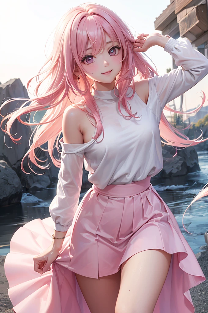 Best Quality,High resolution,8k,(plain white background, no patterns, no textures, just a plain white background:1.3),Masterpiece:1.2),beautiful girl,Shiny pink hair,messy hair,Pink eyes,He put on a wet shirt over his underwear.,Long skirt,Gentle look,A refreshing look,smile,Best quality,Best Quality,Aesthetic and aesthetic:1.2,Best details((Super detailed))(High-definition CG illustrations),Slender body,smile,blush,cute,Scrounge,Looking up,Being spoiled,super model,(focus face)