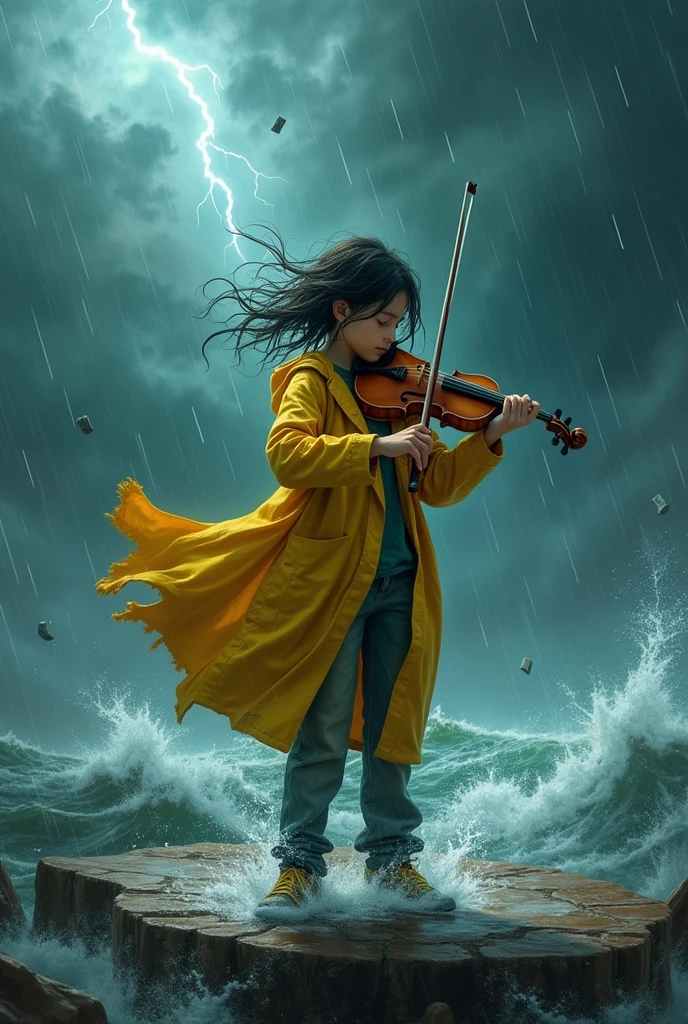 playing violin inside a moving hurricane