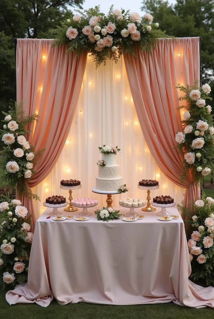 Create a unique wedding decoration with a backdrop, cake table, and sweets.