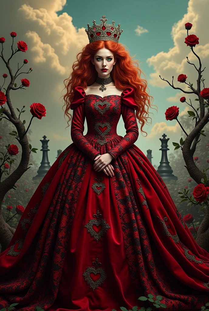 The Queen of hearts from Alice in Wonderland fused with the Red Queen from Chess games.
