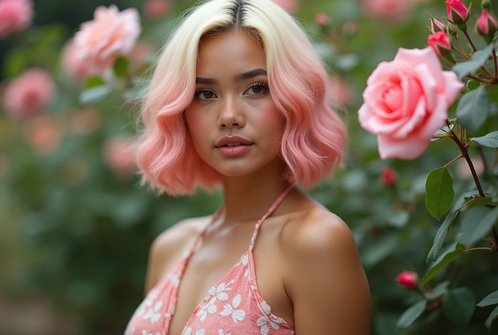 8k, RAW photo, potrait, Fujifilm, style photo of a beautiful young bold curvy Javanese woman as avril in a garden of light pink roses (highly detailed skin: 1.2) Style-Petal BREAK short hair, blonde hair with colored locks, undress, film granulation, 35mm, cute style