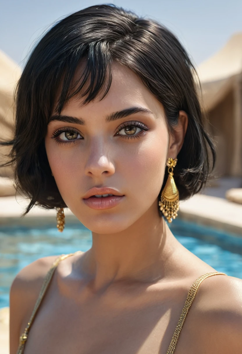 1girl, Egyptian princess, (masterpiece:1.3), (8k, photorealistic, RAW photo, best quality: 1.4), (1girl), beautiful face, (realistic face), (black hair, short hair:1.3), beautiful hairstyle, realistic eyes, beautiful detailed eyes, , cute, young, slim, gold jewelry, nude, shiny skin, princess's chambers, canopy, sky, pool, back view, looking back, closeup, from below, low angle,, naughty_face, blush, parted lips, half-closed_eyes, ExpressiveH