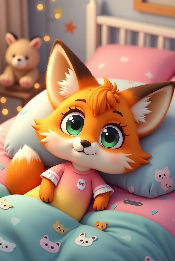 a cartoon 2d anthropomorphic fox girl kid wearing a pink, yellow, and blue gradient shirt laying on her back on top of a bed. She’s bottomless.