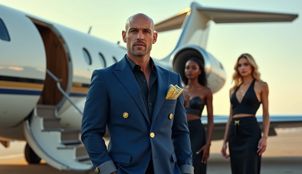 A charismatic young bald wizard, wearing formal blue outfit with gold and dollars coming out of the pocket and holding in his hand with 5 fingers, with jewelry and dollars coming out of his pocket, is standing confidently. Next to you, two women, one blonde and one black, stunning, perfect, Hands with 5 fingers normal size, dressed in sophisticated and minimalist clothes, super sexy, representing wealth and attraction. Ao fundo, conveying depth a private plane with suitcases of gold bars on the side. are highlighted, highlighting a life of wealth and luxury. The scene captures the essence of magical opulence and financial success., with each element emphasizing ultra-royal wealth and prestige, money, wealth, might, dollars, gold, convey depth and joy